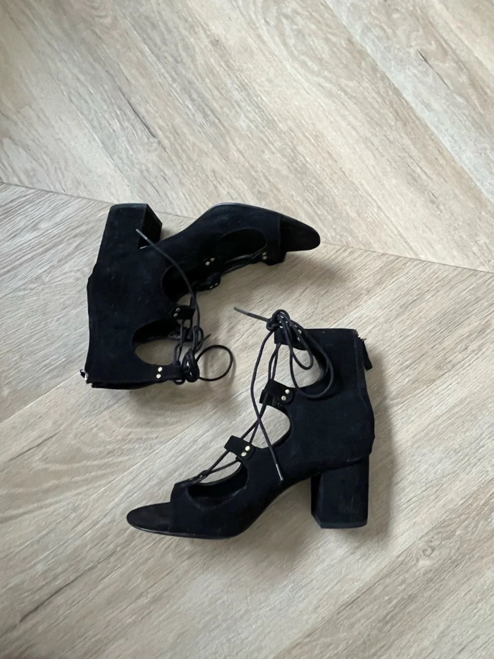 Zara Black Lace-Up Chunky Heel Sandals - Picture 3 of 5